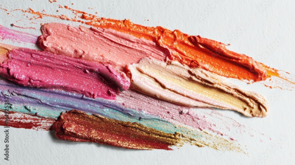 Poster vibrant lip gloss smear creating a colorful pattern on white paper with space for text