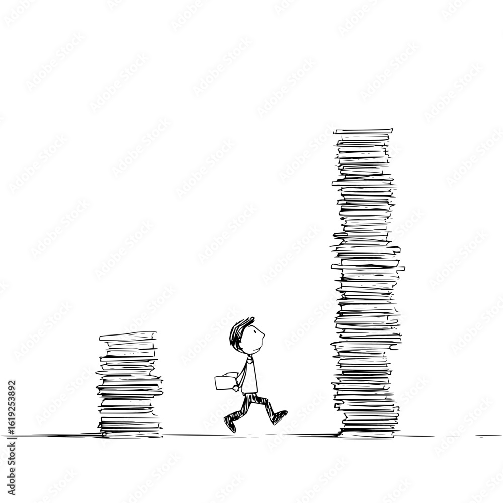 Poster man carrying box running between small and large stacks of paper in black and white illustration sty