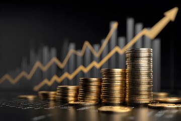 stock market graph with upward arrows and stacks of coins, symbolizing financial growth in the style 