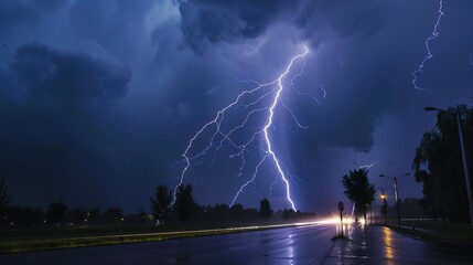 Dramatic Lightning on a Rainy Day: Electrifying Bolts Illuminating Stormy Skies, Thunderous Clouds, and Rain-Soaked Landscapes, Capturing Nature’s Raw Power for Weather Photography, Storm Documentarie