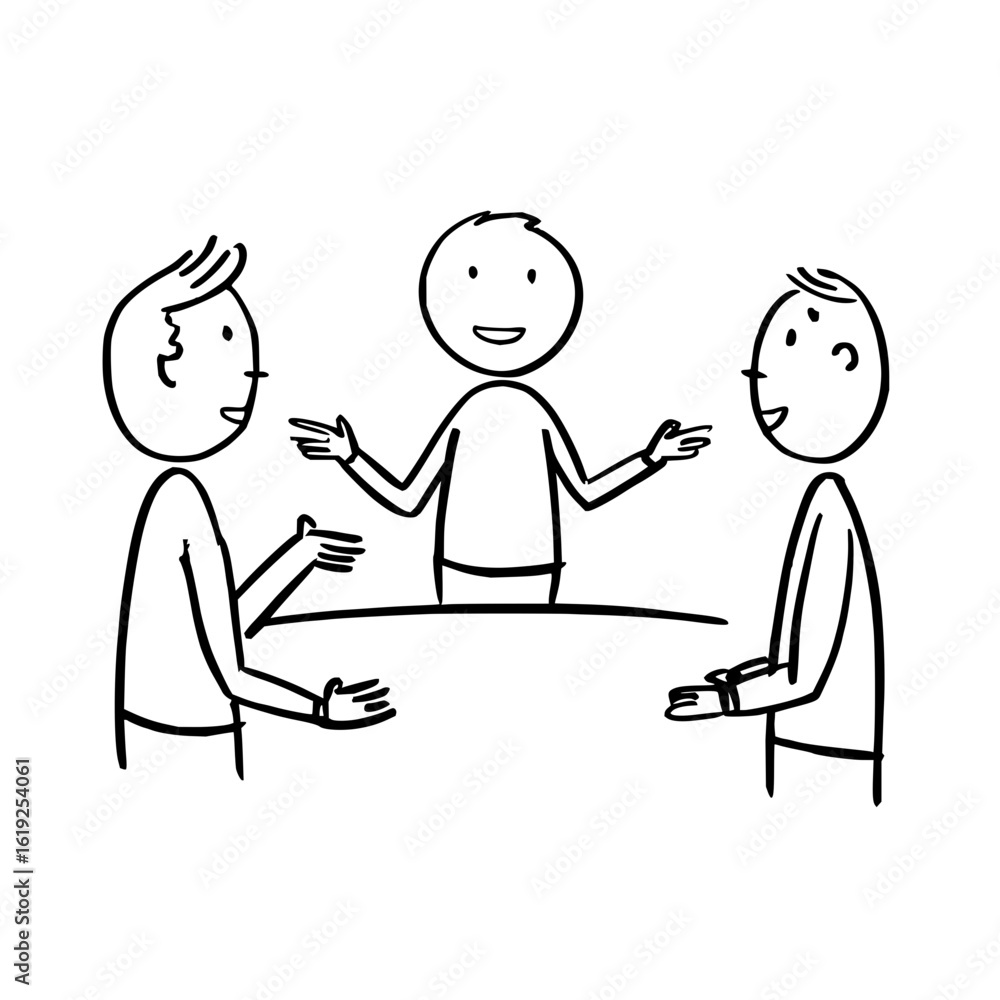 Poster three stick figures engaged in a discussion with one figure gesturing and smiling in a meeting setti