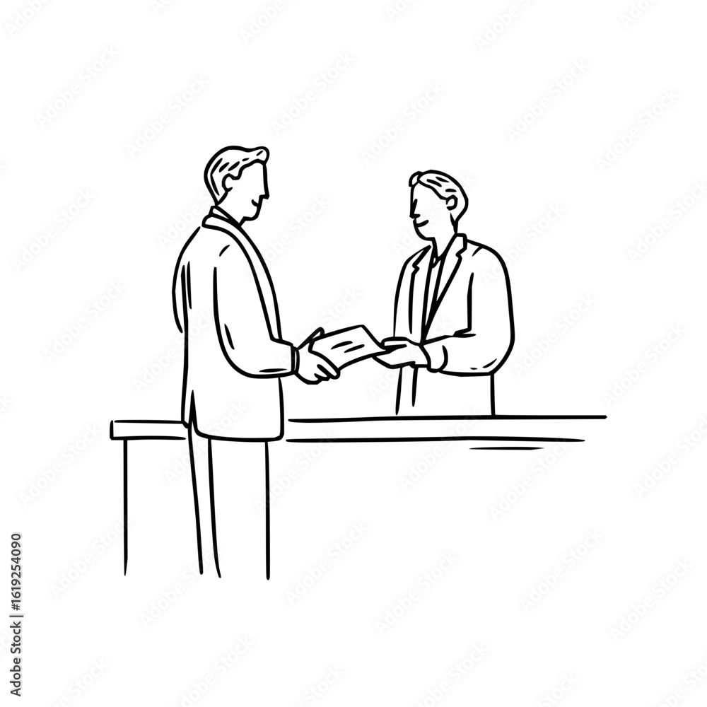 Poster two people exchanging a document over a desk in a line drawing style with simple black and white lin