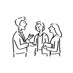 Three people in a meeting or discussion with simple line drawing style and white background illustration