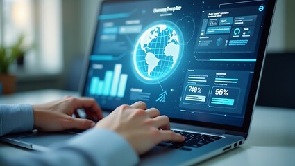 Hands typing on a laptop, screen displaying glowing global data network and analytical charts, representing modern business intelligence and digital connectivity solutions.