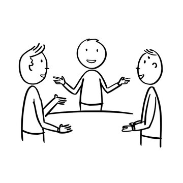 Three stick figures engaged in a discussion with one figure gesturing and smiling in a meeting setting scene