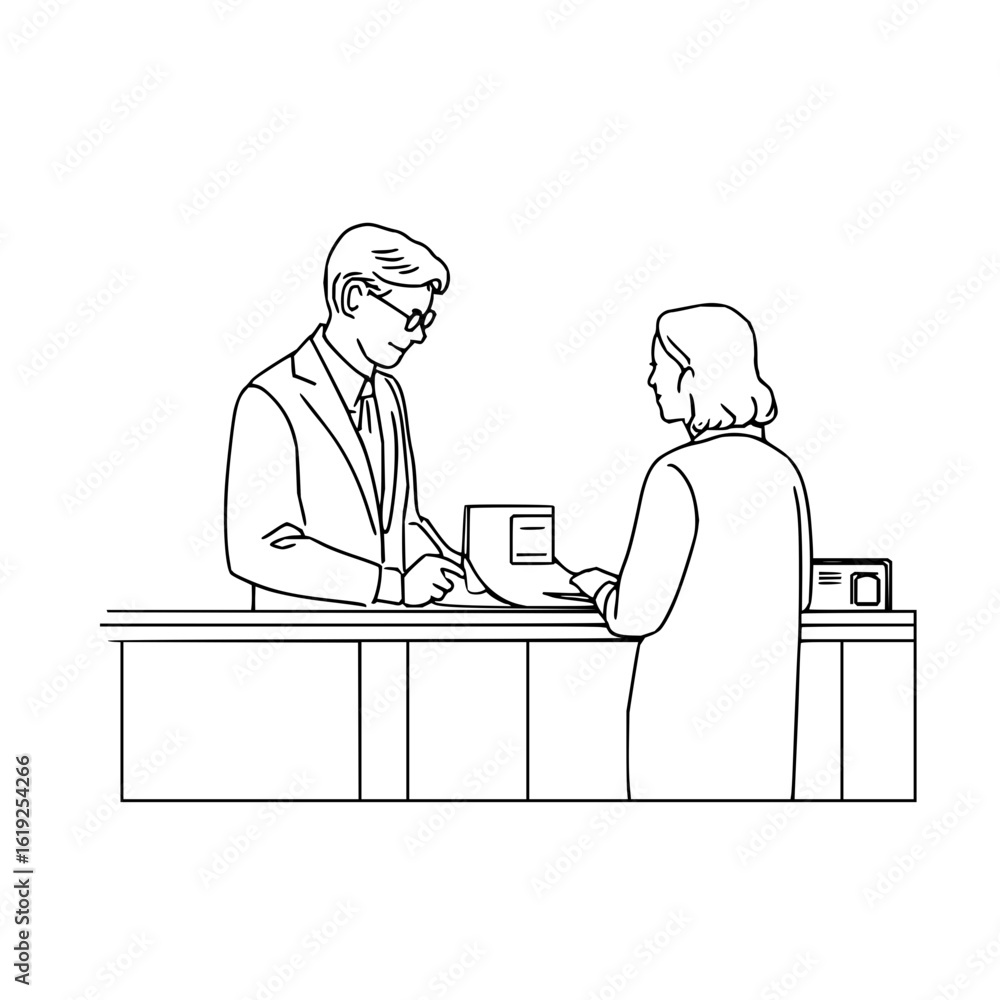 Poster man in suit and glasses assisting a woman at a counter with a document and calculator in line art