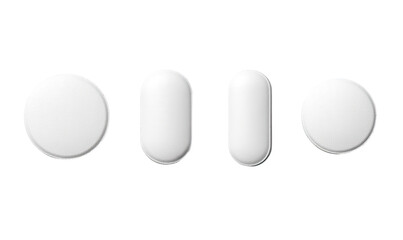 Four white pills of varying shapes, circular and oval, displayed in a row