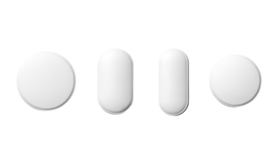 Four white pills of varying shapes, circular and oval, displayed in a row