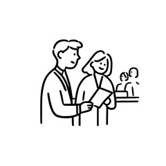 Man and woman in suits reviewing document with audience in background in a minimalist outline style