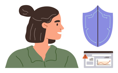 Woman in green top looking at a blue shield and data chart with warning icon. Ideal for cybersecurity, protection, analysis, awareness, safety, technology, and personal security concept. Simple flat