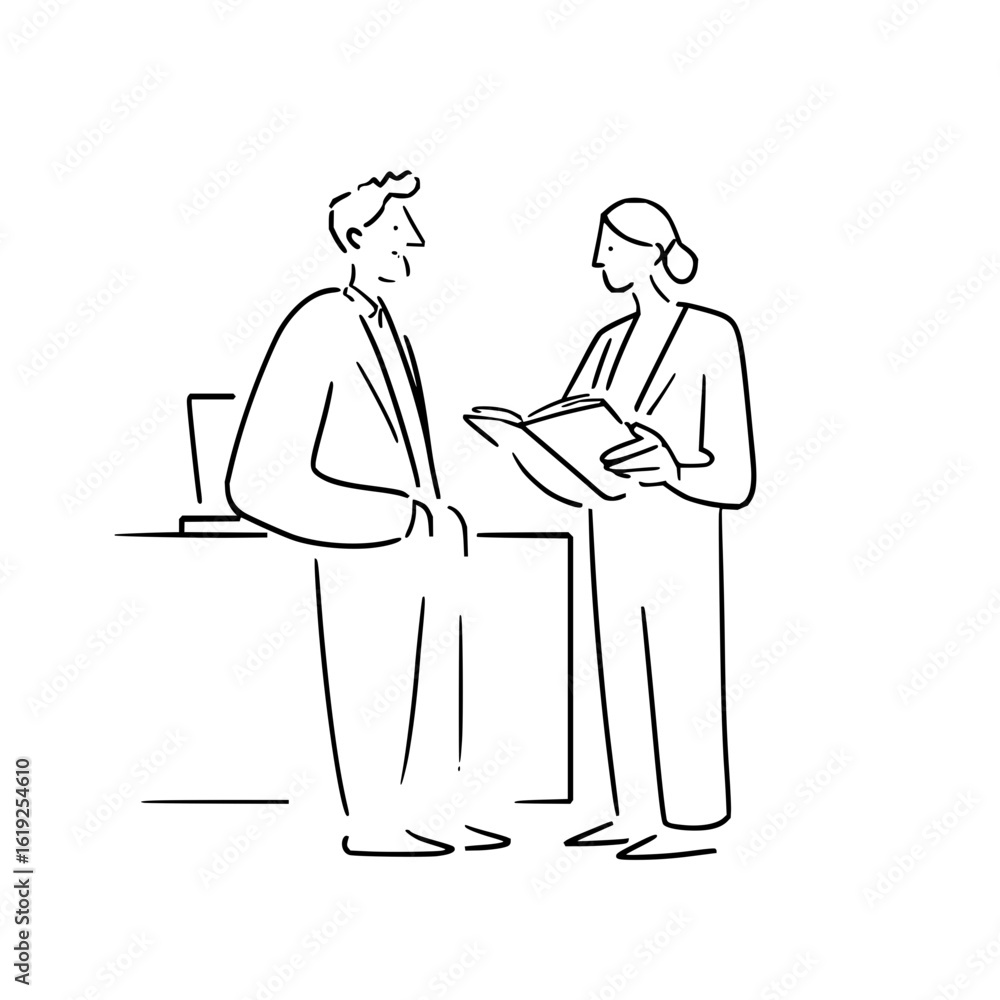 Poster two people in business attire discussing a document next to a desk with a computer in a minimalist s