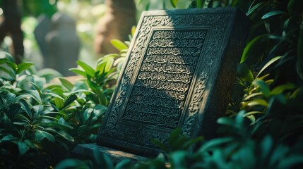 Ornate carved stone tablet in garden setting