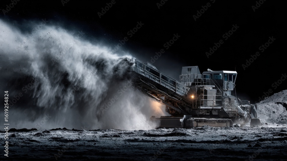 Poster powerful dust sweeper machine working on the moon surface at night, generating a dynamic cloud of du