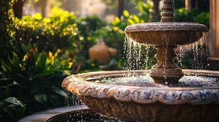 Ornate garden fountain, water cascading