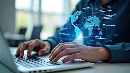 Person's hands typing on a laptop with a glowing holographic world map and data visualizations displayed over the screen, representing global connectivity and technology