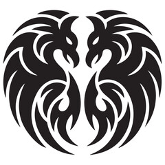 Symmetrical black tribal phoenix design facing each other symbolizing rebirth and strength