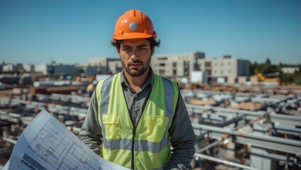 Skilled Construction Worker Examining Blueprints at a Busy Industrial Site