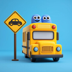 The icon of a school bus with a happy face and two blue cartoon characters sitting on it, next to which is a road sign showing car symbols, against a simple background in a game-like style with bright