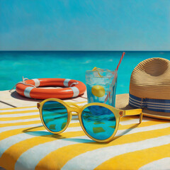 Stylish bright sunglasses lying on a sun lounger by the sea, a refreshing summer cocktail next to them, a yellow and white striped towel on the lounger, a straw hat and a lifebuoy nearby, clear blue s