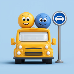 The icon of a school bus with a happy face and two blue cartoon characters sitting on it, next to which is a road sign showing car symbols, against a simple background in a game-like style with bright