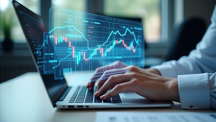 A closeup realistic view of a person's hands typing on a laptop, analyzing complex financial stock market data on a futuristic holographic display.