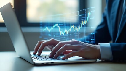 Businessman's hands typing on a laptop, analyzing a glowing digital stock market graph showing positive growth and financial investment success.