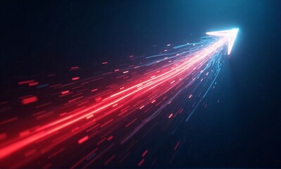 A glowing arrow, streaks of red and blue light, ascends through a dark digital space, symbolizing rapid growth and technological advancement.