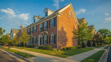 Charming brick townhouses with manicured lawns on a sunny day
