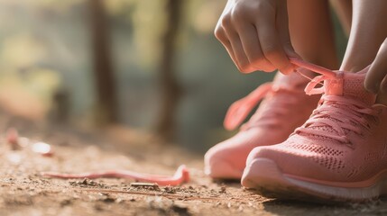 Person tying shoelaces on pink running shoes outdoors.