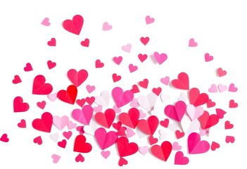 Scattered paper hearts, various sizes and shades of pink, red, and white, against a pure white background,  tender,  symbol