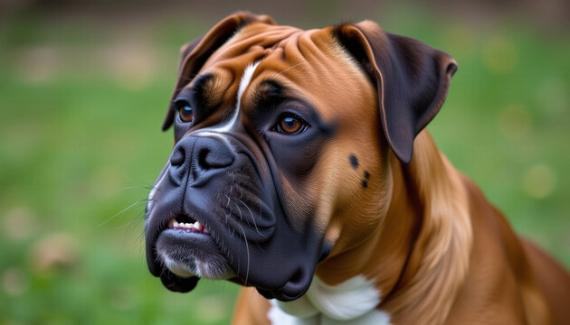 Muscular boxer dog with distinctive face and expressive eyes, showcasing its strong features and playful demeanor in natural outdoor setting