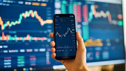 Person using a smartphone to monitor stock market data and financial trends. - Powered by Adobe