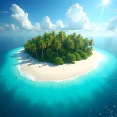 Remote Island Landscape from Above: A Luxurious Tropical Escape with Clean Ocean and Golden Beach – Inspiring Wanderlust Travel.