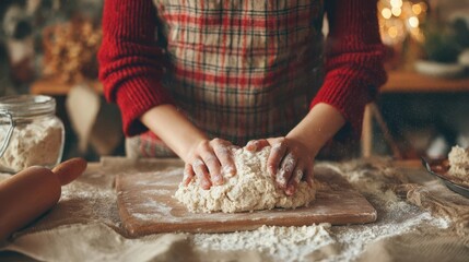 Person kneading dough on a wooden board.