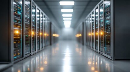 A sleek server room with rows of servers, illuminated lights, and reflective floors, showcasing modern data storage technology.