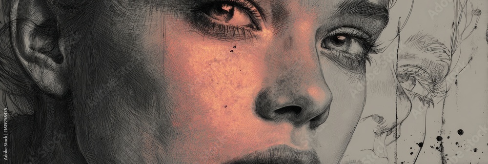 Aufkleber artistic blend of reality and sketch features a glowing face with minimal background elements