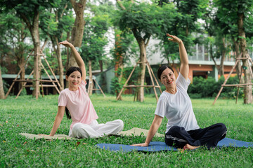 Two women enjoying outdoor yoga session on mats in a park stretching with arms raised smiling