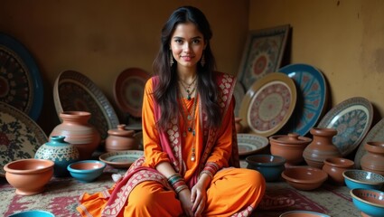 A beautiful young woman adorned in traditional ethnic clothing sits cross-legged surrounded by an array of colorful pottery and handcrafted ceramics