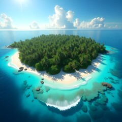 Aerial View of a Serene Tropical Island Paradise with Turquoise Water, White Sand Beach, and Palm Trees – Ideal Travel Destination.