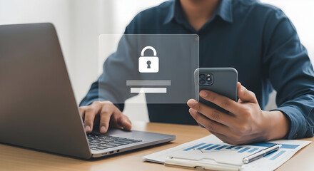 Man authenticating data on mobile while working on laptop with charts behind him, for security concept