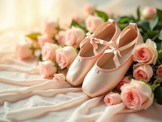 A beautiful still life of delicate ballet slippers with ribbons in soft pastel colors. A romantic and elegant composition representing dance, grace, and balletcore aesthetic