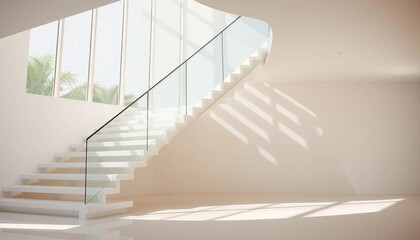 Sleek white floating staircase with glass railings in a sunlit modern space, simple, bright