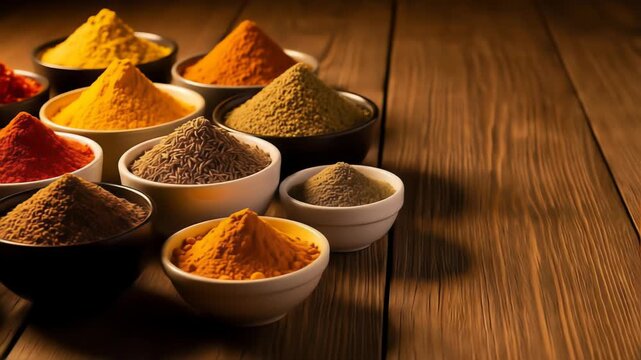 Variety of Colorful Spices in Bowls on Rustic Wooden Surface with Warm Lighting
