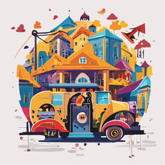 Whimsical cartoonish city scene with a charming bus vehicle. Suitable for childrens books, city tourism brochures, and transportationthemed designs.