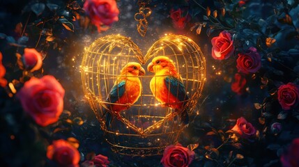 Two parrots in a glowing heart cage, roses