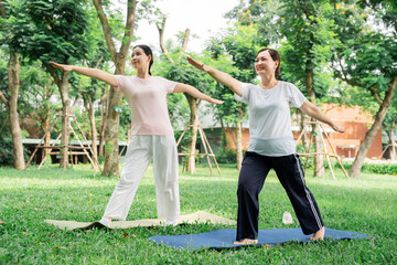 Two women doing yoga stretches on mats outdoors in a grassy tree-filled park on a sunny day