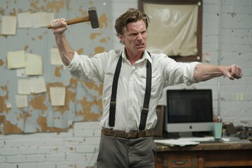 Furious businessman raising hammer above computer in minimalist office