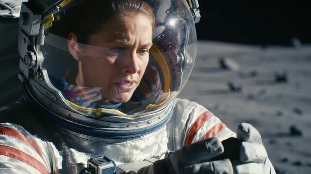 Close-up portrait of a Caucasian female lunar astronaut kneeling on the Moon surface after discovering something, wearing a space suit, dramatic lighting, shot with 2x anamorphic lens, cinematic compo