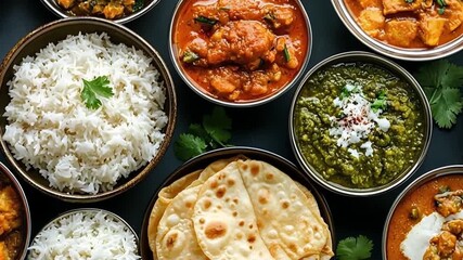 Delicious Indian cuisine featuring various curries, rice, naan bread, and garnishes, served in metal bowls on a dark surface