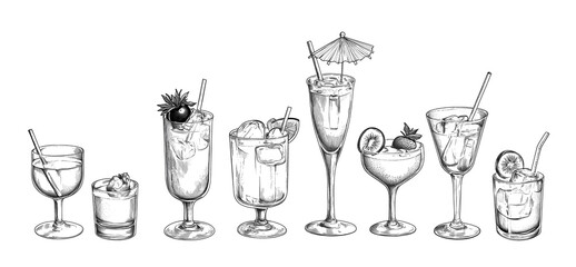 Eight Monochrome Cocktail Glass Illustrations with Diverse Garnishes